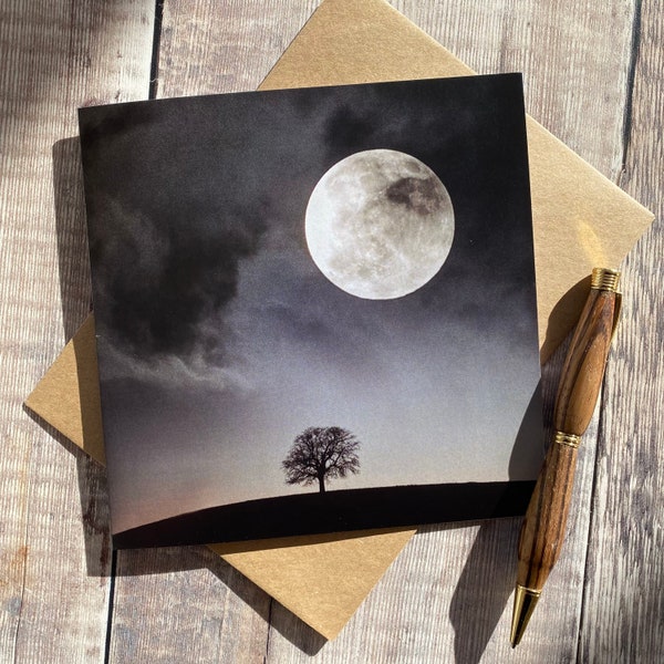 Supermoon over One tree on a hill greeting card - large moon greeting card - contemplative card - super moon card