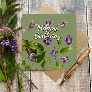 Clematis Verjaardagskaart - bloemenkaart voor vriend - bloemenkaart voor vrouwelijke familie - verjaardagskaart - heldere bloemenkaart - mooie kaart voor vriend