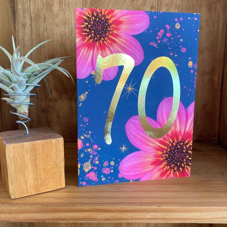 70th Birthday Card: Gold Foil Numbers, Pink Floral Design - Etsy