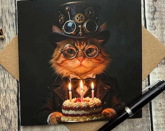 Steampunk Cat Birthday Greeting Card: cat steam punk birthday card - Blank Inside, suitable for All Occasions