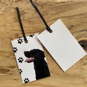 May include: A white gift tag with a black dog paw print design. The tag has a black ribbon attached and a hole punched in the top. The dog is a black Labrador Retriever with its tongue sticking out. The tag is blank for writing a message.