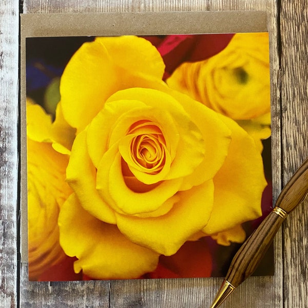 Yellow rose card - flower card - bright yellow rose on greeting card - floral card - female birthday card - rose birthday card - Birthday