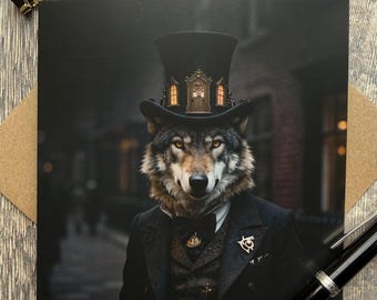 Steam punk wolf Greeting Card- wolf birthday card -  Steam punk wolf card - Blank Inside, wolf Lover Gift - fun card for any occasion