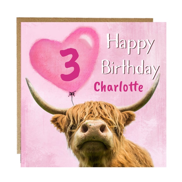 Highland cow girls birthday card - birthday card for little girl - little girls birthday card -highland cow birthday card -personalised card