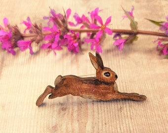 Hare Brooch - Hare Badge - Handpainted - Wooden Badge - Jackrabbit - Brown Hare - Jumping Hare - Hare Pin - wildlife badge - Rabbit Brooch