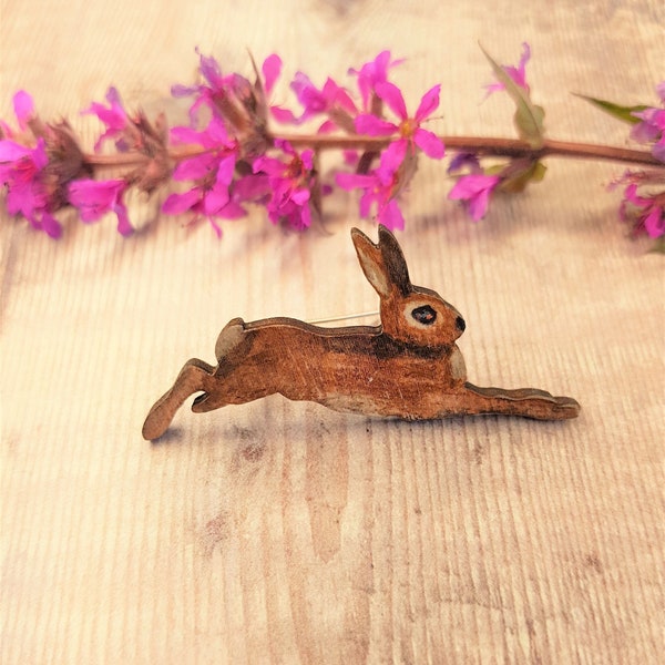 Hare Brooch - Hare Badge - Handpainted - Wooden Badge - Jackrabbit - Brown Hare - Jumping Hare - Hare Pin - wildlife badge - Rabbit Brooch