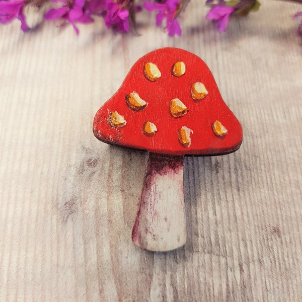 Mushroom Brooch - Mushroom Badge - Mushroom Pin - Fly Agaric Mushroom - Wooden Badge - Hand Painted - Unique - Nature Lover - Toadstool pin