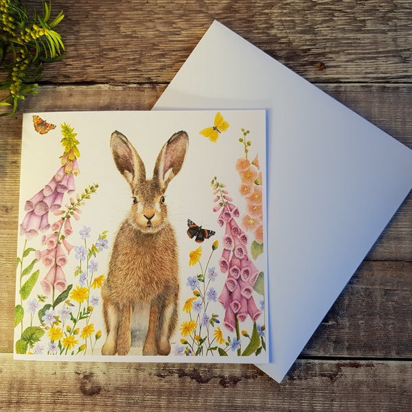 Hare Card - Hare and wildflower card - greetings card - blank inside - card for all occasions - wildlife card - birthday card - nature lover