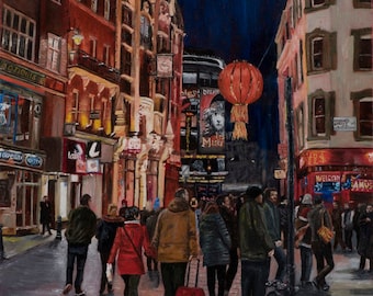 May include: A painting of a street scene in London at night. The street is lined with buildings, some of which have red brick facades. There are people walking on the street, and a red lantern hangs from a building. The painting is done in a realistic style.