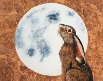 Hare print - 14" x 14" Large Print -  Hare and Moon - nature - wall art- hare painting  - nature lover - gift - giclee print -