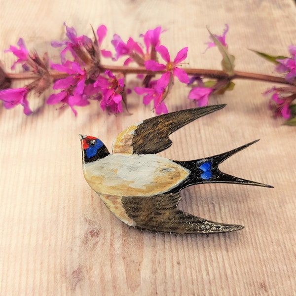 Swallow Badge - Swallow Brooch - Swallow Pin - Bird Badge - Bird Pin - Bird Brooch - Swallow lapel pin - hand painted - wooden badge - bird