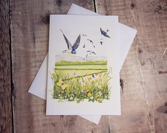 Bird Card - Swallows card- greetings card - blank inside - card for all occasions - wildlife card - British bird card - wildflower card