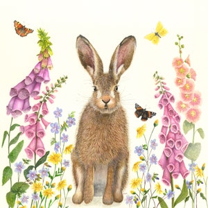 Hare Print - Watercolour painting - Hare and wildflowers - Hare and butterfly - Hare Painting - Hare - Rabbit - Jackrabbit- Hare picture