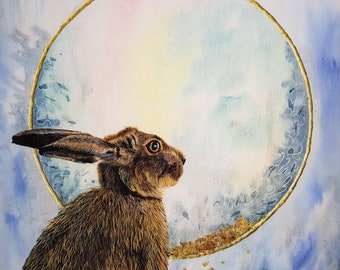 Hare Print - Gold Ring - Watercolour print - Giclee Print - Hare Painting - Rabbit  - Nature lover - Pagan Hare - Hare Picture