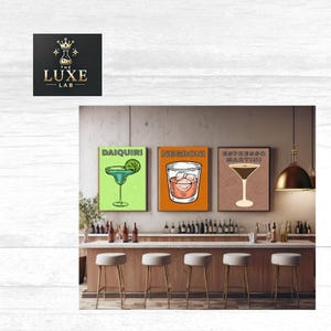 Elegante cocktailmuurkunstprints: digitale set van 3 - illustraties Daiquiri, Espresso Martini, Negroni