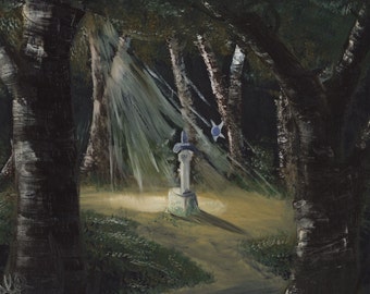 The Legend of Zelda Konsttryck "Sword in the Stone" Oljemålning Gaming Olika Storlekar Giclée Arkiv