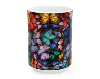 Colorful Butterflies Mug - mozaic of vibrant butterflies on a White 11 or 15 oz coffee cup