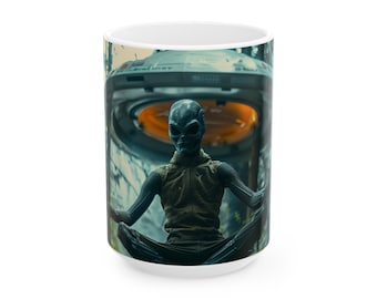 Alien Meditation Coffee Mug – Forest UFO Design