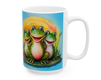 Three Happy Frogs on a Lilypad Mug - playful joyful watercolor frogs on a White 11 oz coffee cup