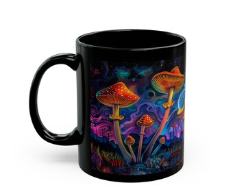 Psychedelic Mushroom Mug - magic colorful dreamy images on Black 11oz or 15oz coffee cup