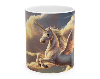 Flying Unicorn Mug - majestic magical winged beast on a White 11 or 15 oz coffee cup