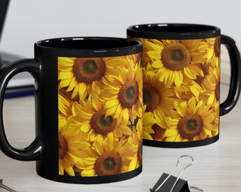 Sunflower Serenity Mug - floral print on black 11 oz and 15 oz coffee cup