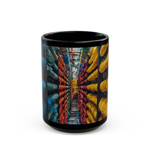 Könnte beinhalten: Schwarze Kaffeetasse mit einem farbenfrohen Bild von ordentlich angeordneten Garnrollen in verschiedenen Farben, darunter Blau, Orange und Gelb. Das Design erzeugt Tiefe und Ordnung, ideal für Bastler und Künstler.