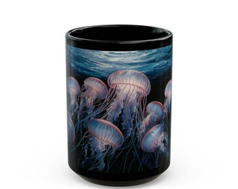 Jellyfish Encounter Mug - electric jelly fish on Black 11oz or 15oz coffee cup