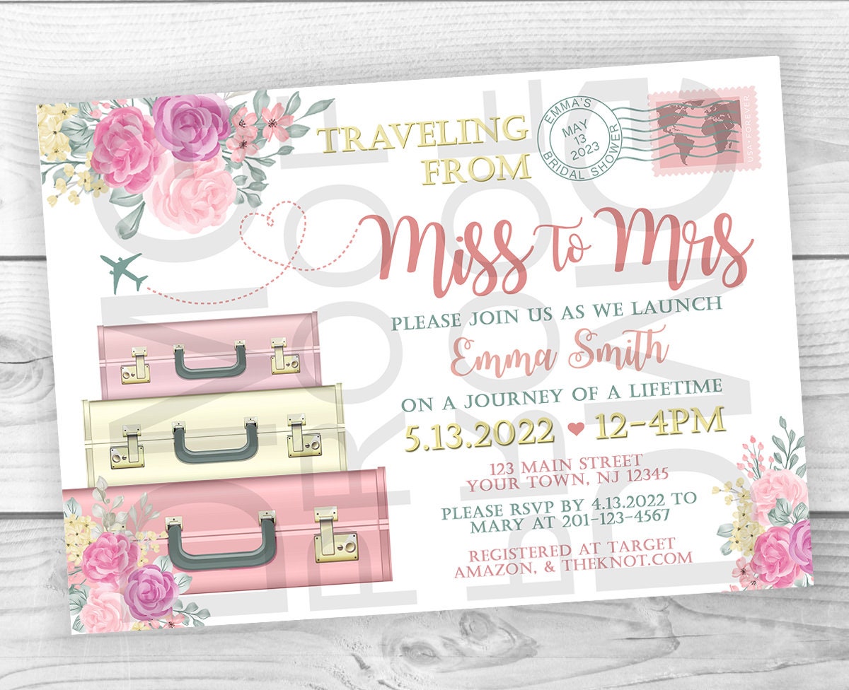 Traveling from Miss to Mrs Bridal Shower Floral Invitation 5x7 Digital File