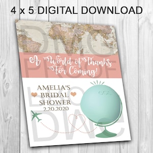 Cartes personnalisées de faveurs de baume à lèvres EOS, thème Voyage de Miss à Mme, Un monde de remerciements pour votre venue, téléchargement numérique pour des cadeaux de douche nuptiale