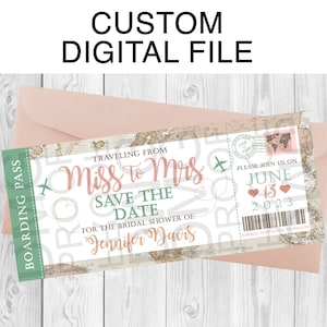 Aangepaste bruids douche Save the Date instapkaart, reizen van mevrouw naar mevrouw thema, digitale download, afdrukbare Save the Date-kaart