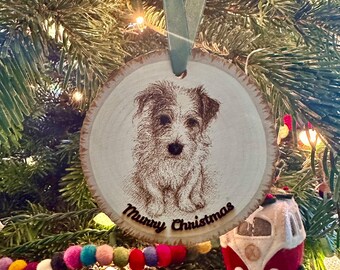 Custom pet portrait engraved on wood ornament