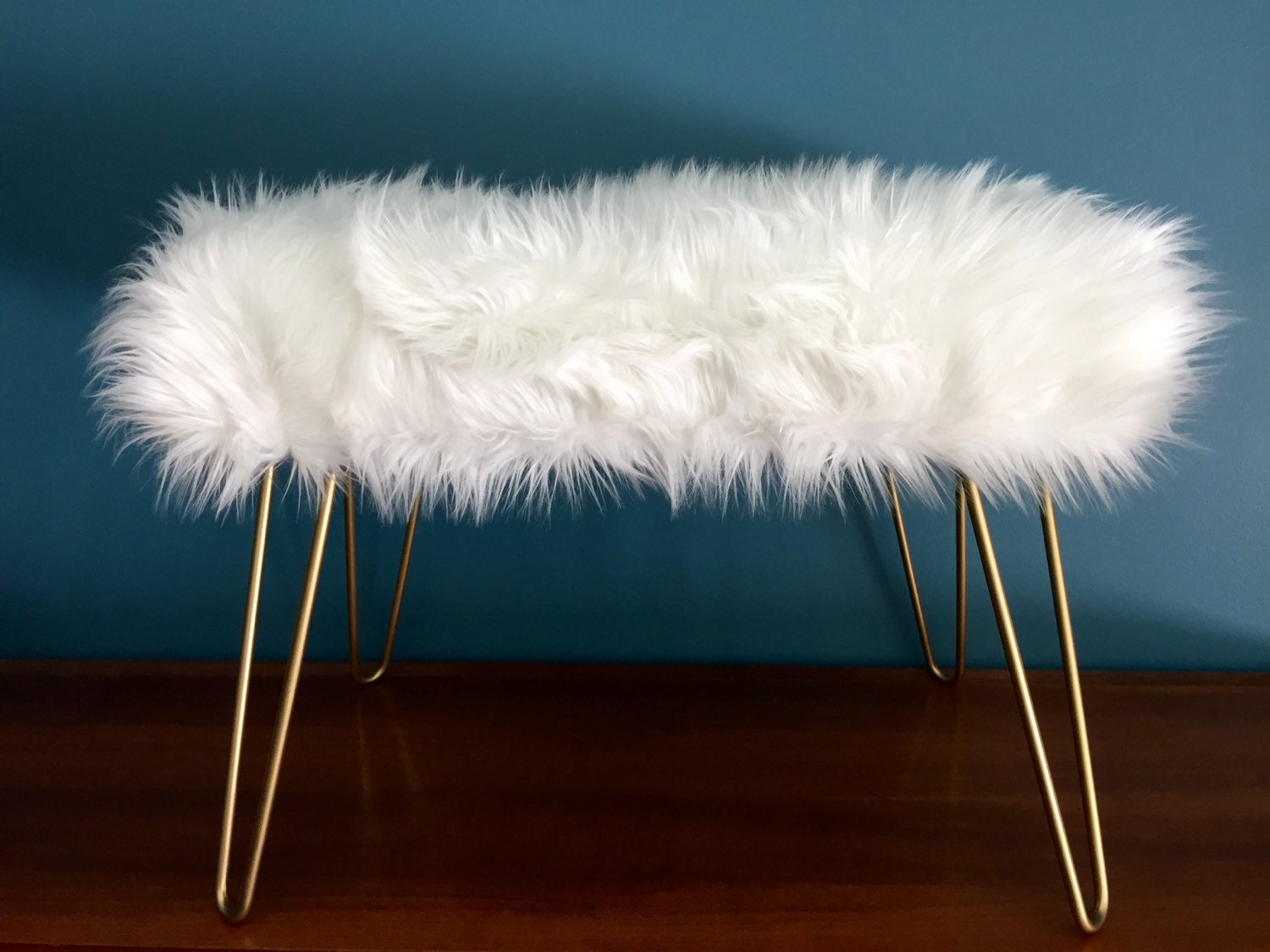 Made to Order//Ivory White Faux Fur Bench with Hairpin Legs Etsy