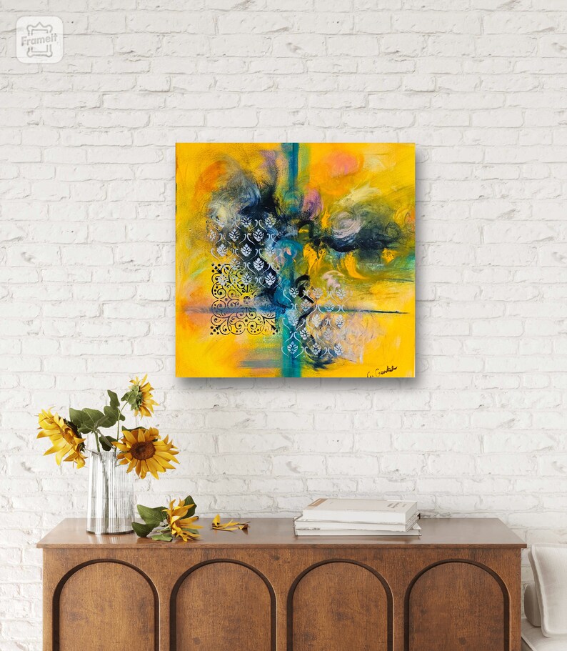 Original Painting on Canvas, Orange and Blue Wall Art, Medium Size