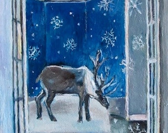 Reindeer in Italian room with Snowflakes. Reindeer Painting, Original fairytale oil on canvas painting by Romany Steele. 6.5 x 4.5 inches.