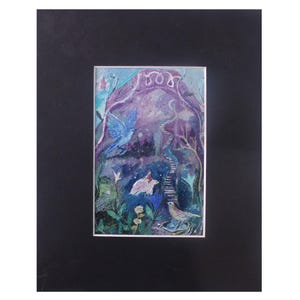 This Way to the Moon, pintura a óleo de fantasia, óleo sobre tela de papel, cartão de passe-partout emoldurado, arte original de 4 x 6 polegadas, por Romany Fairytale