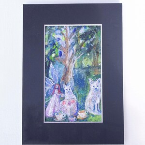Pintura al óleo original, Picnic en la hierba, cartón enmarcado, pintura de cuento de hadas, pintura original de 5 x 3 pulgadas de Romany Steele