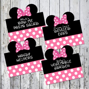 DOWNLOAD ISTANTANEO - Etichette alimentari Classic Girl Mouse Clubhouse Birthday Party - File stampabile - Table Tent Food Cards - Buffet Cards - Minnie