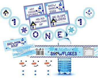 INSTANT DOWNLOAD Winter ONEderland Party Package - Food Labels, Water Labels, Pennant Banner, Snowman Soup Favor Labels, Juice Box Labels