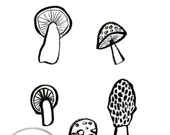 Hand Drawn Mushroom Illustration, Black and White Fungi Art (Digital Download)