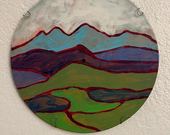 Round Hand Painted Acrylic Landscape with Mountains and Fields on Repurposed Record