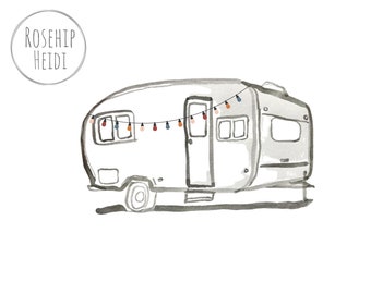 Camper Line Art Print with Light String, Boho Travel Decor (Digital Download)