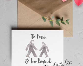 Sasquatch Love Watercolor Greeting Card, Bigfoot Valentine (PDF/JPG)