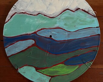 Round Hand Painted Acrylic Landscape with Mountains and Fields on Repurposed Record