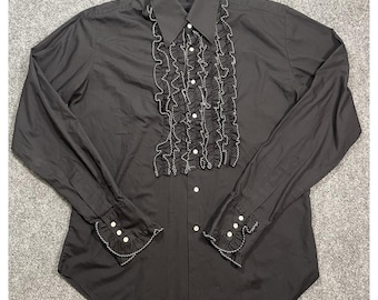 VTG Pearl Snap Western Ruffled Tuxedo Shirt XL Black Rodeo Wedding Johnny Cash