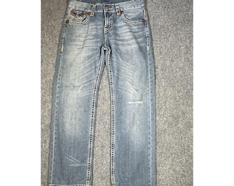 Pantalones vaqueros True Religion para hombre, talla 34x31, denim Y2K, corte relajado, estilo desgastado, aspecto descuidado.