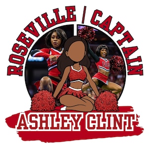 Puede incluir: Gráfico con una animadora de dibujos animados con uniforme rojo, rodeada de animadoras en acción. El texto "Roseville Captain Ashley Clint" está en rojo sobre fondo blanco.