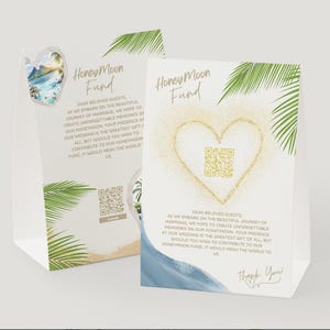 Puede incluir: Dos cartulinas blancas con el texto "Honeymoon Fund". Una presenta un diseño en forma de corazón con un código QR, la otra una escena tropical. Ambas tienen acentos de hojas de palma y un mensaje.