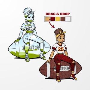 May include: Illustration of a woman in a football jersey and ripped jeans, sitting on a football. The image includes a color palette and the text "DRAG & DROP". The jersey has the number 25.