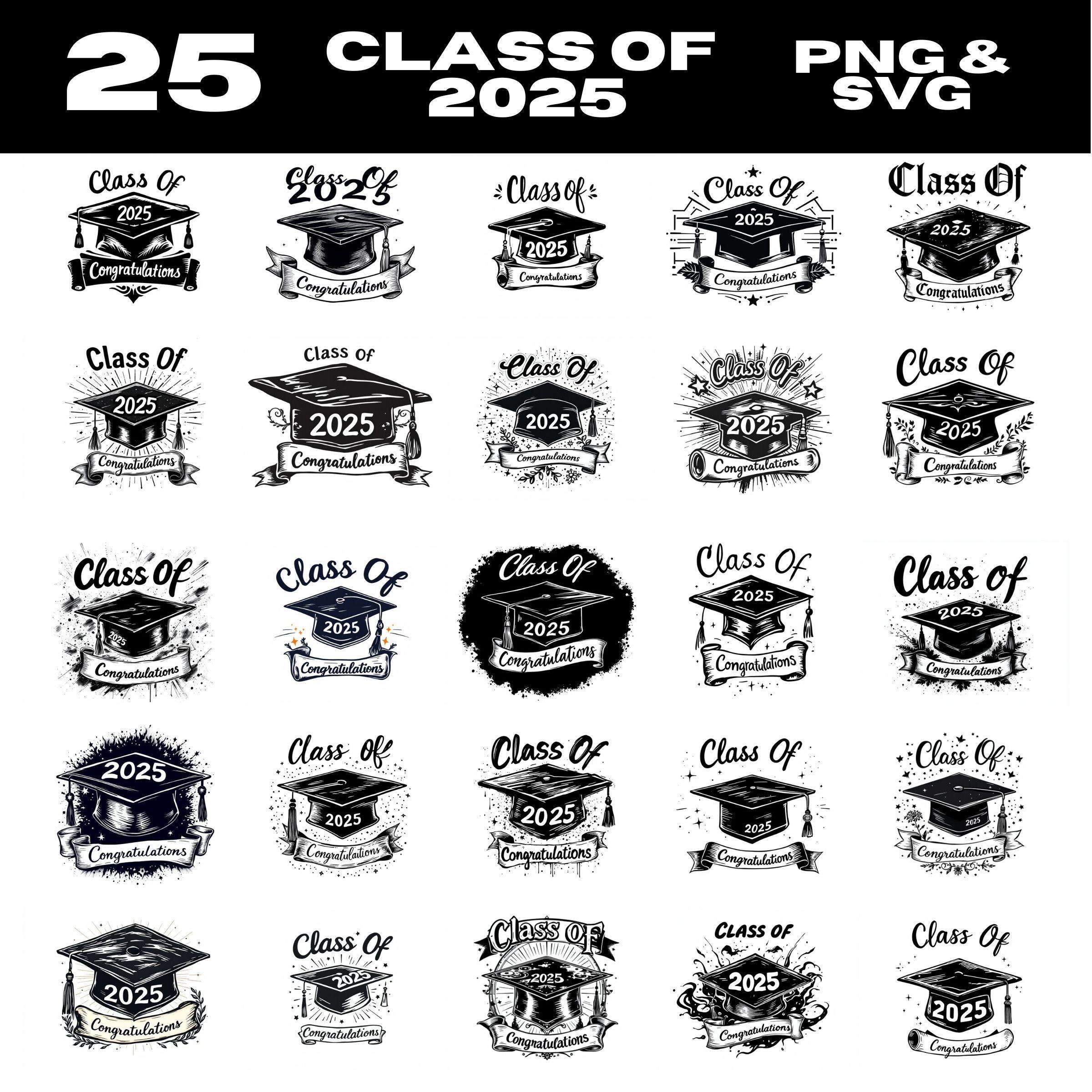 Class of 2025 Graduation Clipart SVG & PNG Bundle | 25 Graduation Cap ...